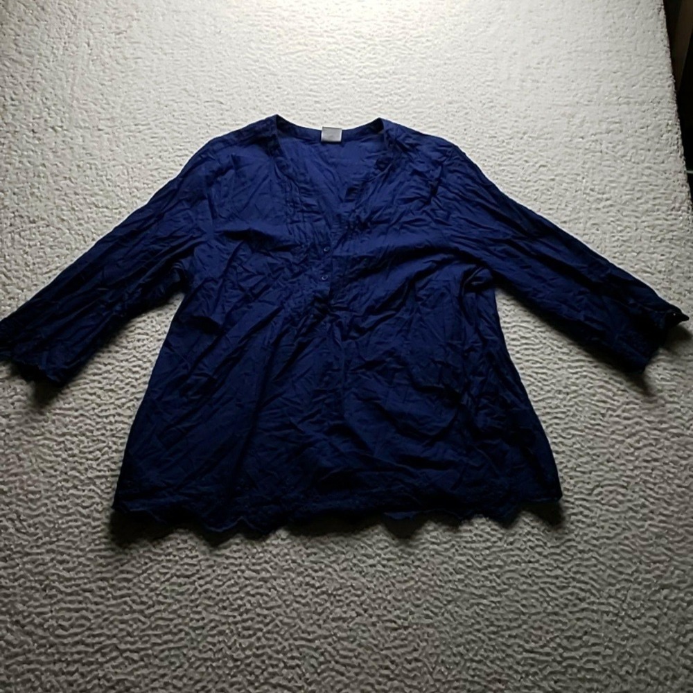 Croft & Barrow Blouse Womens XXL Blue V Neck 3/4 Sleeve Embroidered Tunic Top
